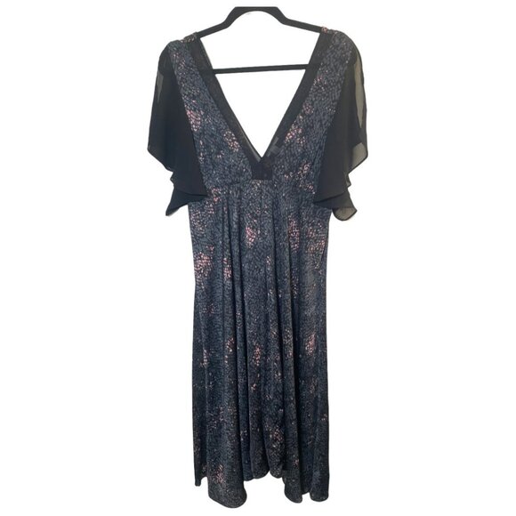 Halston Size XL Black Gray Pink Animal Print Deep V Flutter Sleeve Midi Dress - Picture 1 of 7